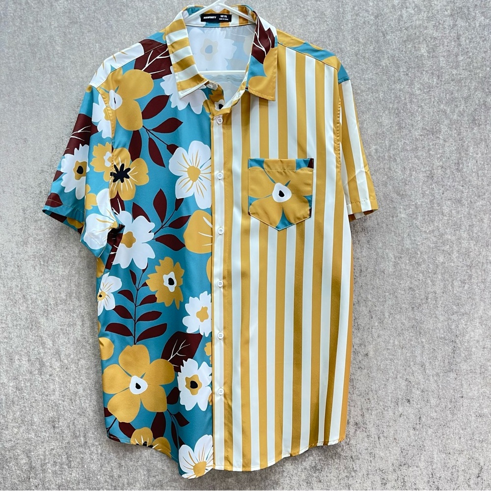 Manfinity Striped Floral Color Block Button Down Shirt 2XL